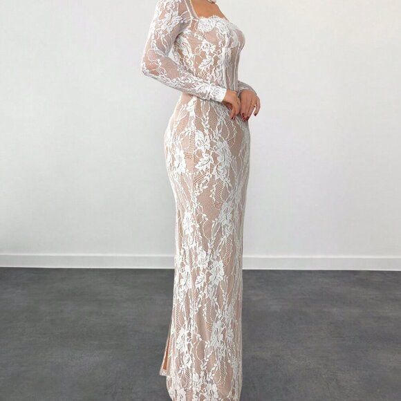 White Casual Women's Sexy S-Shape Lace Long Sleeve Cupped Bustier Tight Fitting - Picture 3 of 5